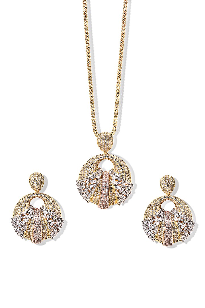 Gold Finish Zircon Pendant Necklace Set by Shaze Jewellery at Pernia's Pop Up Shop