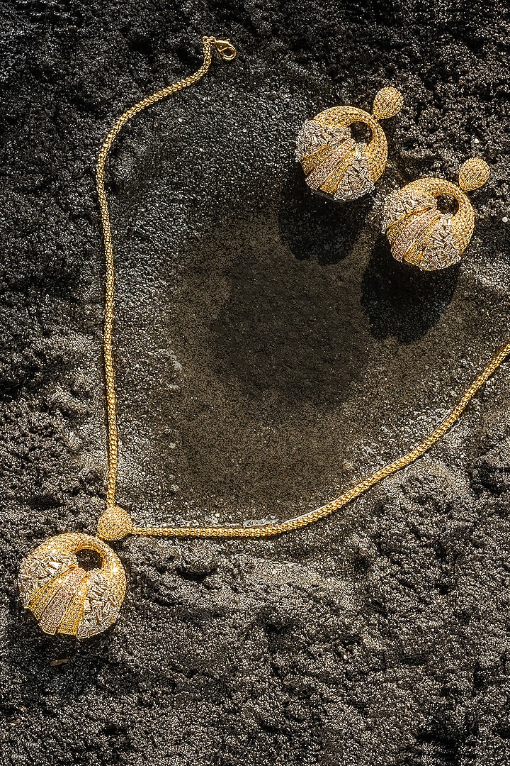 Gold Finish Zircon Pendant Necklace Set by Shaze Jewellery at Pernia's Pop Up Shop