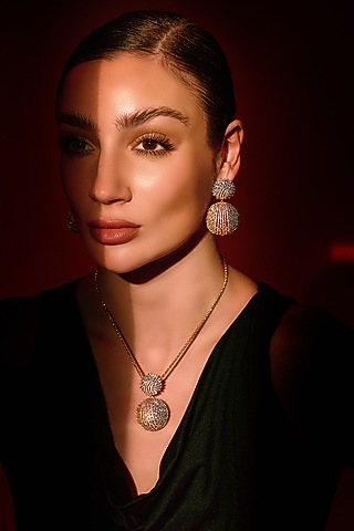 Gold Finish Zircon Pendant Necklace Set by Shaze Jewellery