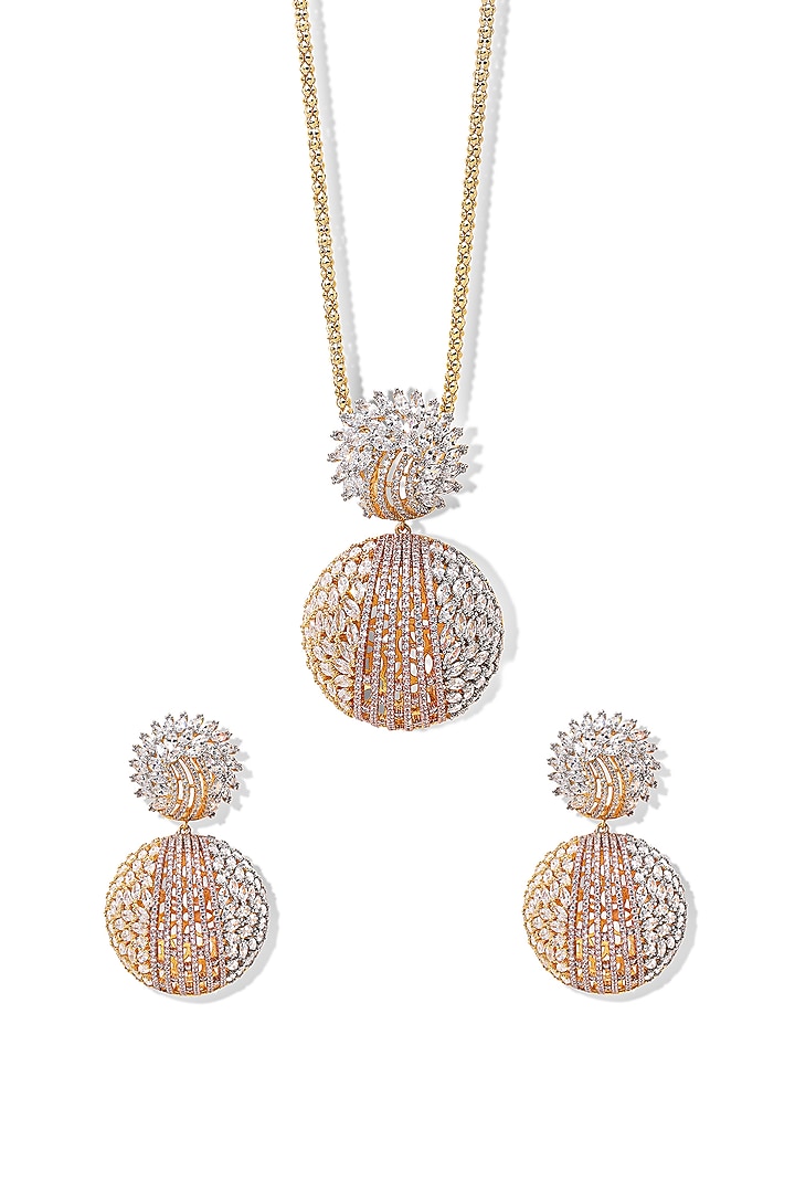 Gold Finish Zircon Pendant Necklace Set by Shaze Jewellery at Pernia's Pop Up Shop