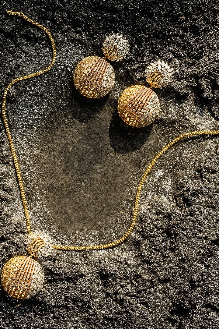 Gold Finish Zircon Pendant Necklace Set by Shaze Jewellery at Pernia's Pop Up Shop