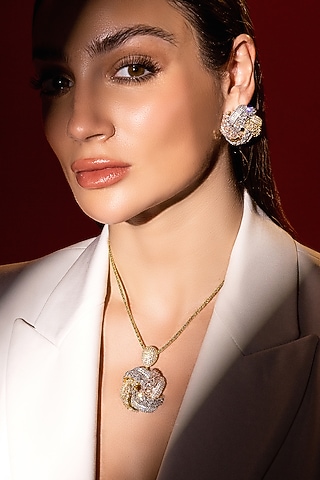 Gold Finish Zircon Pendant Necklace Set by Shaze Jewellery