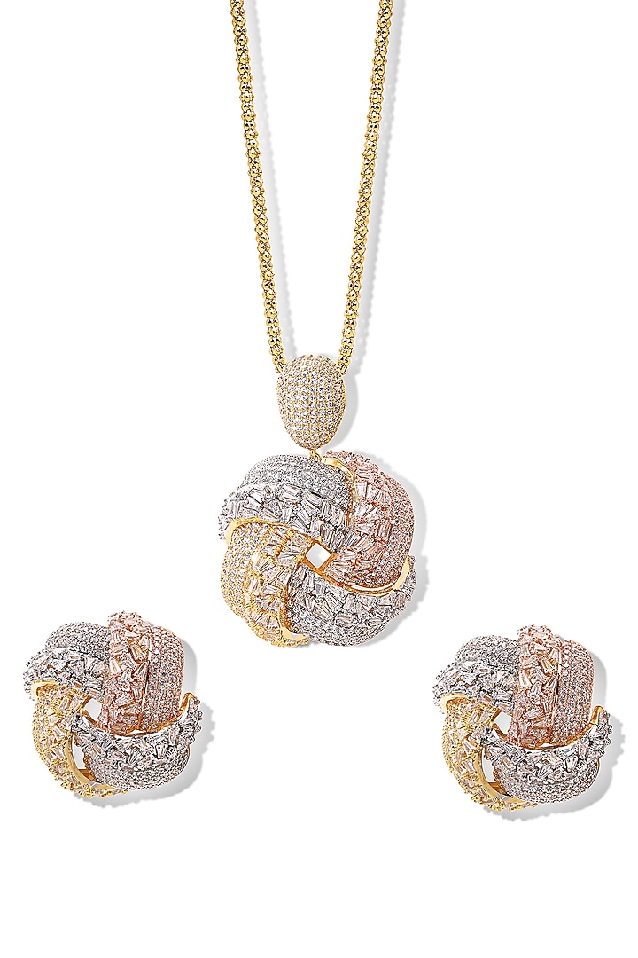 Gold Finish Zircon Pendant Necklace Set by Shaze Jewellery at Pernia's Pop Up Shop
