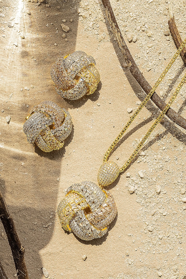 Gold Finish Zircon Pendant Necklace Set by Shaze Jewellery at Pernia's Pop Up Shop