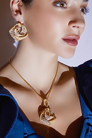 Gold Finish Zircon Pendant Necklace Set by Shaze Jewellery