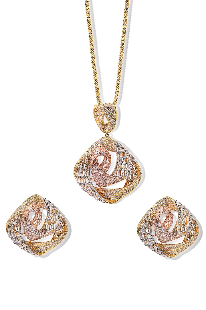 Gold Finish Zircon Pendant Necklace Set by Shaze Jewellery at Pernia's Pop Up Shop