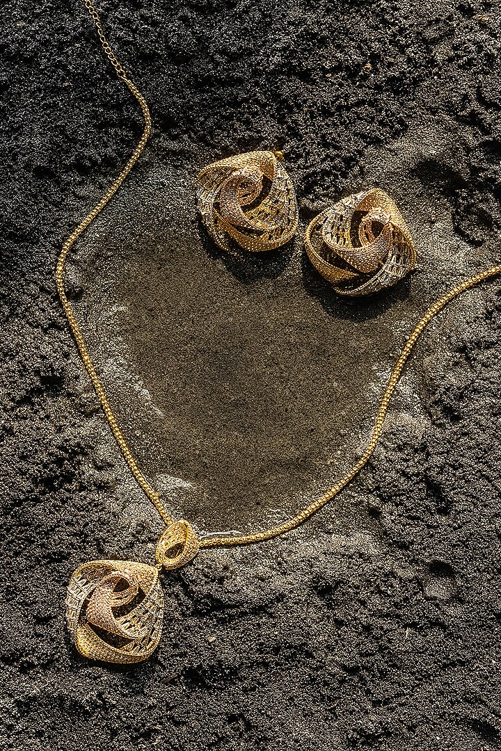 Gold Finish Zircon Pendant Necklace Set by Shaze Jewellery at Pernia's Pop Up Shop