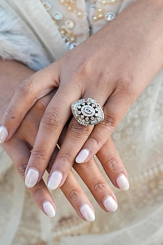 White Gold Finish Marquise Stone & Cubic Zirconia Ring by Shaze Jewellery