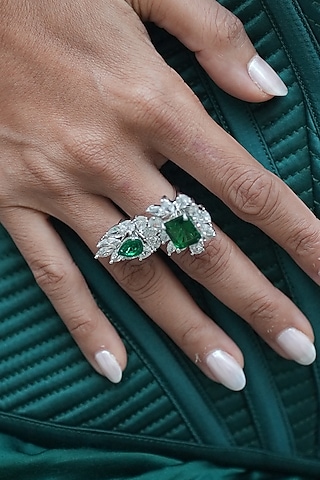 White Gold Finish Zircon & Emerald Stone Ring by Shaze Jewellery