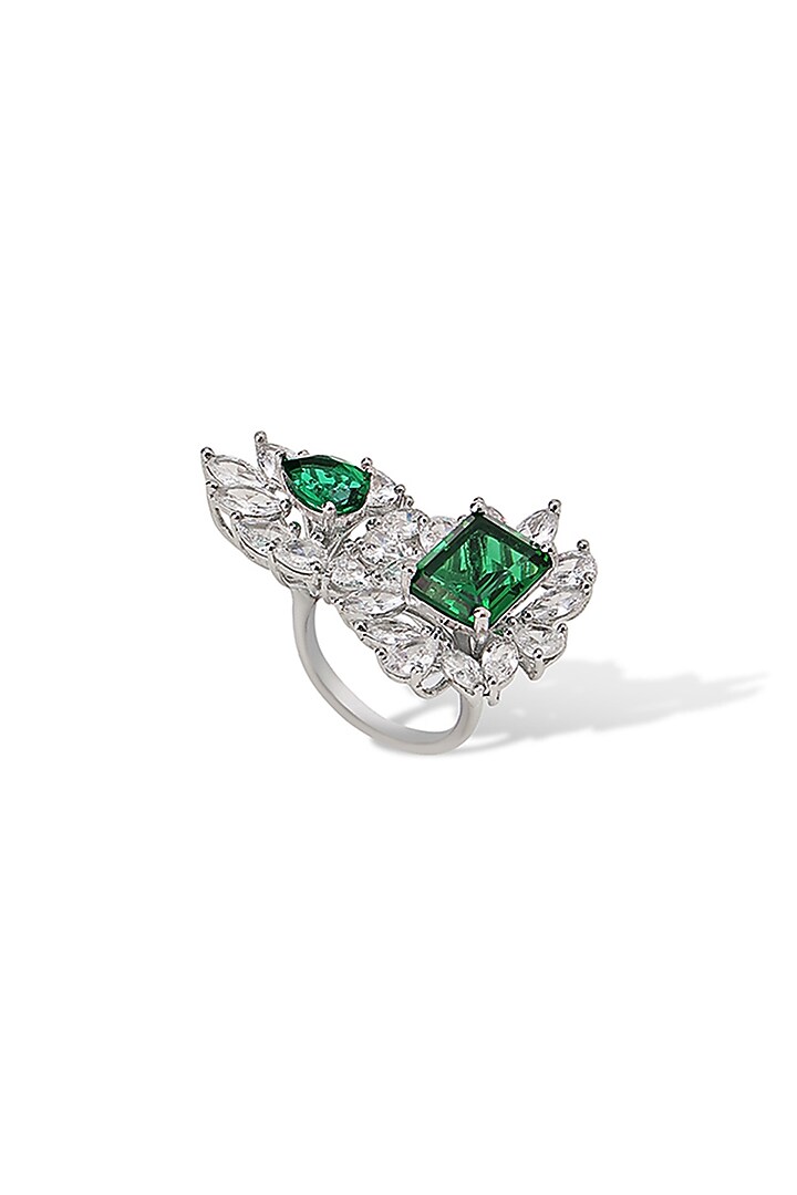 White Gold Finish Zircon & Emerald Stone Ring by Shaze Jewellery at Pernia's Pop Up Shop