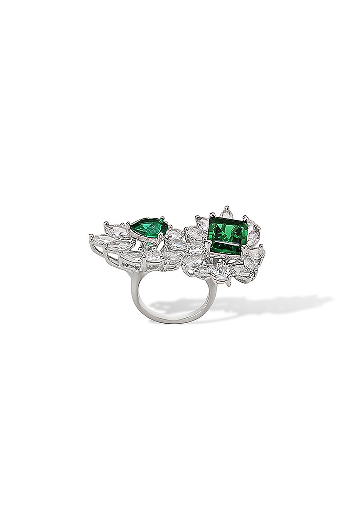 White Gold Finish Zircon & Emerald Stone Ring by Shaze Jewellery at Pernia's Pop Up Shop