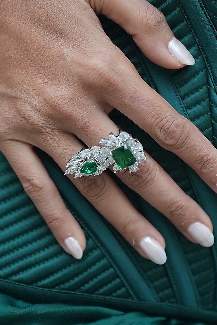 White Gold Finish Zircon & Emerald Stone Ring by Shaze Jewellery at Pernia's Pop Up Shop