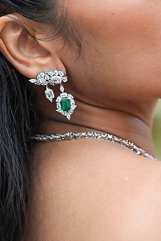 White Gold Finish Zircon & Emerald Stone Stud Earrings by Shaze Jewellery