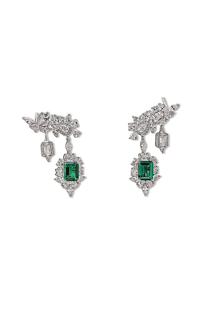 White Gold Finish Zircon & Emerald Stone Stud Earrings by Shaze Jewellery at Pernia's Pop Up Shop