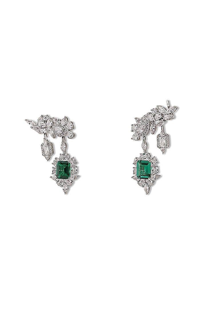 White Gold Finish Zircon & Emerald Stone Stud Earrings by Shaze Jewellery at Pernia's Pop Up Shop