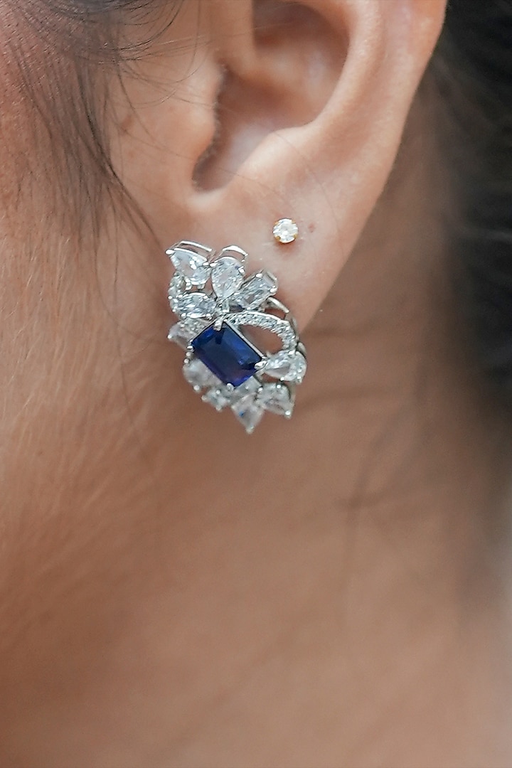 White Gold Finish Zircon & Tanzanite Stone Stud Earrings by Shaze Jewellery at Pernia's Pop Up Shop