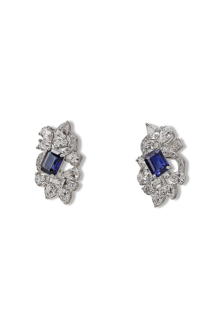 White Gold Finish Zircon & Tanzanite Stone Stud Earrings by Shaze Jewellery at Pernia's Pop Up Shop