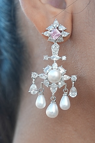 White Gold Finish Zircon & Pearl Dangler Earrings by Shaze Jewellery