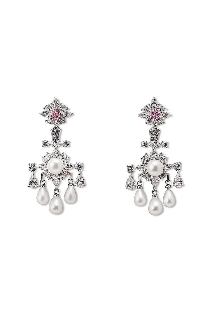 White Gold Finish Zircon & Pearl Dangler Earrings by Shaze Jewellery at Pernia's Pop Up Shop