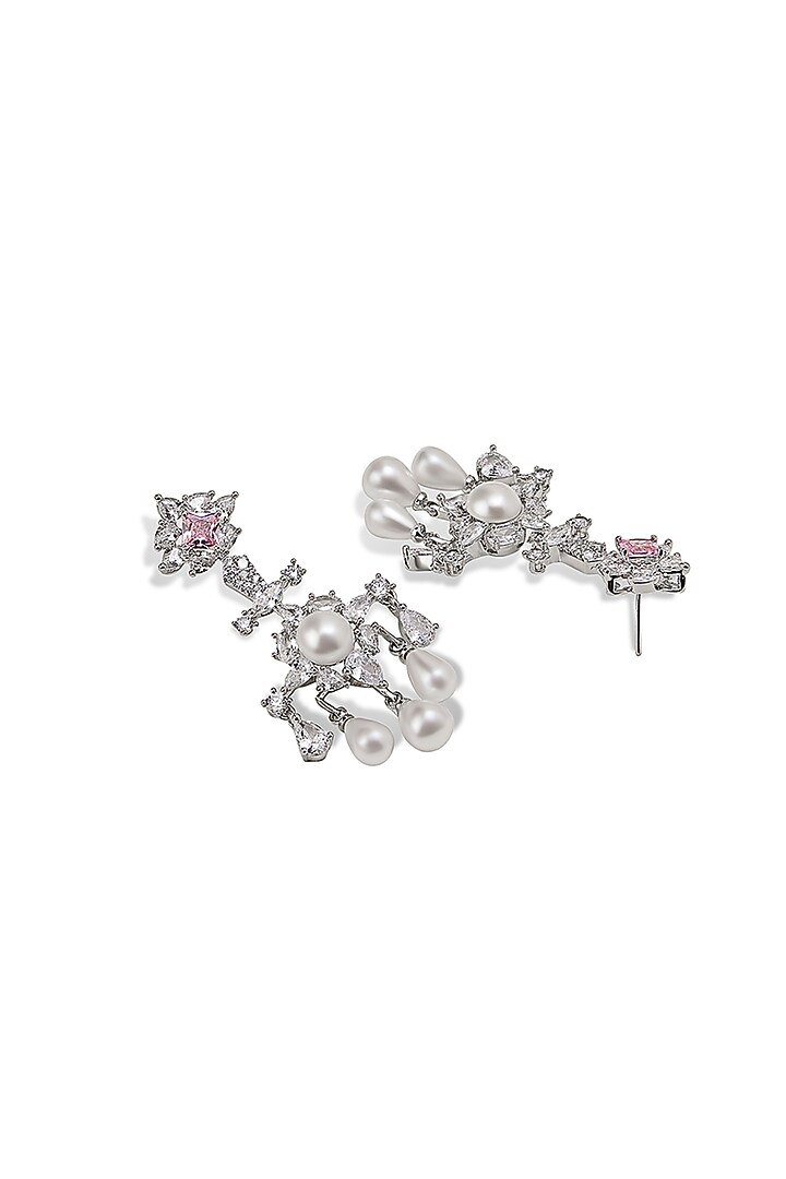 White Gold Finish Zircon & Pearl Dangler Earrings by Shaze Jewellery at Pernia's Pop Up Shop