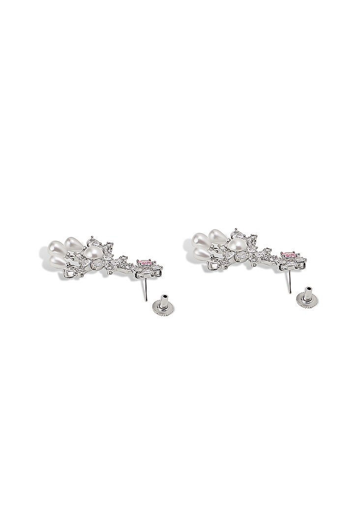 White Gold Finish Zircon & Pearl Dangler Earrings by Shaze Jewellery at Pernia's Pop Up Shop