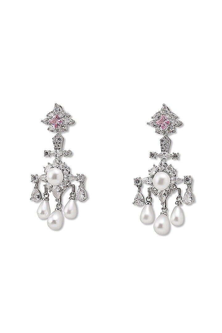 White Gold Finish Zircon & Pearl Dangler Earrings by Shaze Jewellery at Pernia's Pop Up Shop