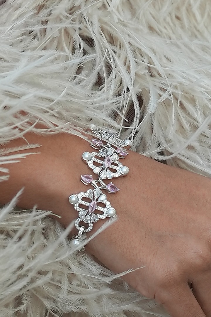 White Gold Finish Zircon & Pearl Bracelet by Shaze Jewellery at Pernia's Pop Up Shop