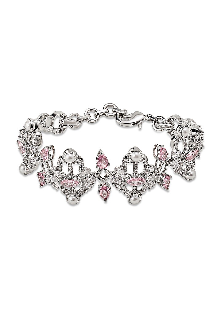 White Gold Finish Zircon & Pearl Bracelet by Shaze Jewellery at Pernia's Pop Up Shop
