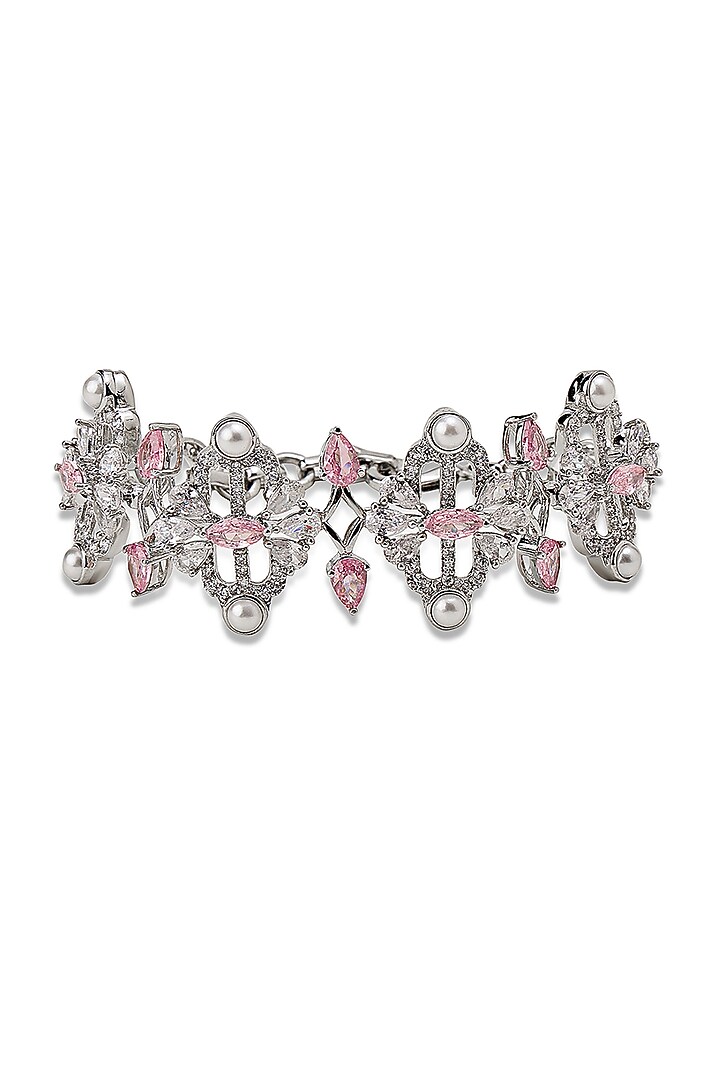White Gold Finish Zircon & Pearl Bracelet by Shaze Jewellery at Pernia's Pop Up Shop