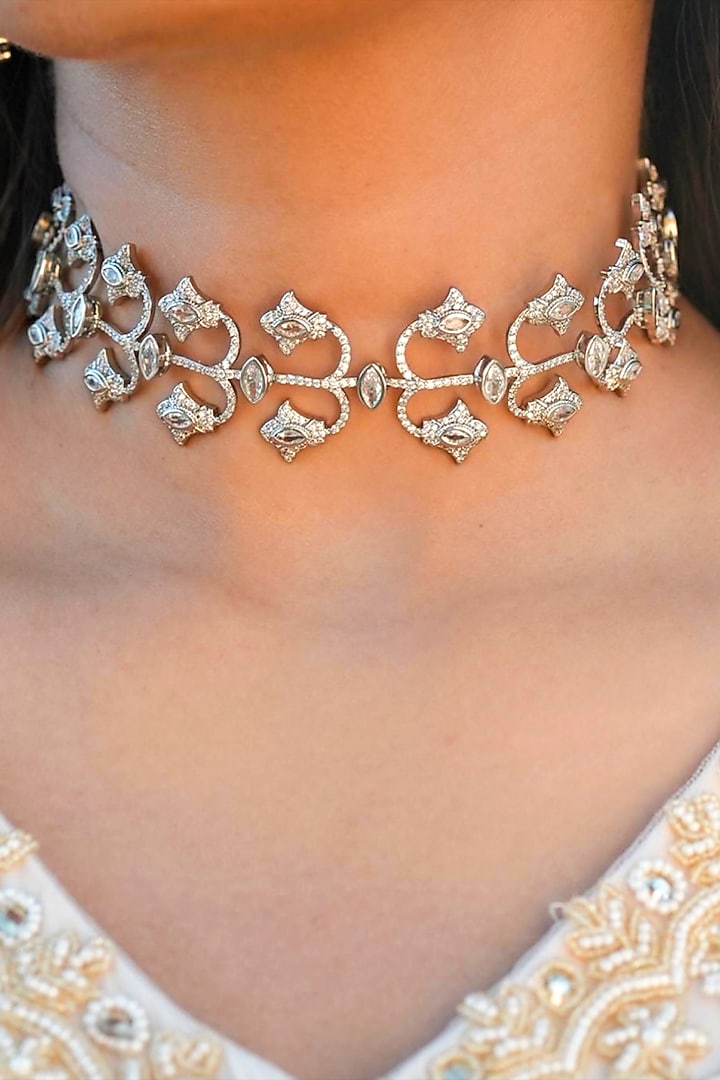 White Gold Finish Zircon Choker Necklace by Shaze Jewellery at Pernia's Pop Up Shop