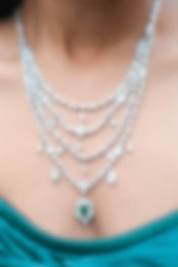 White Gold Finish Zircon & Emerald Green Stone Long Necklace by Shaze Jewellery at Pernia's Pop Up Shop