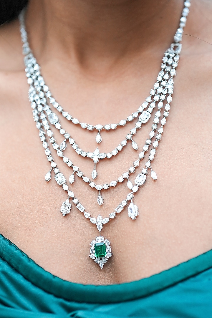 White Gold Finish Zircon & Emerald Green Stone Long Necklace by Shaze Jewellery at Pernia's Pop Up Shop