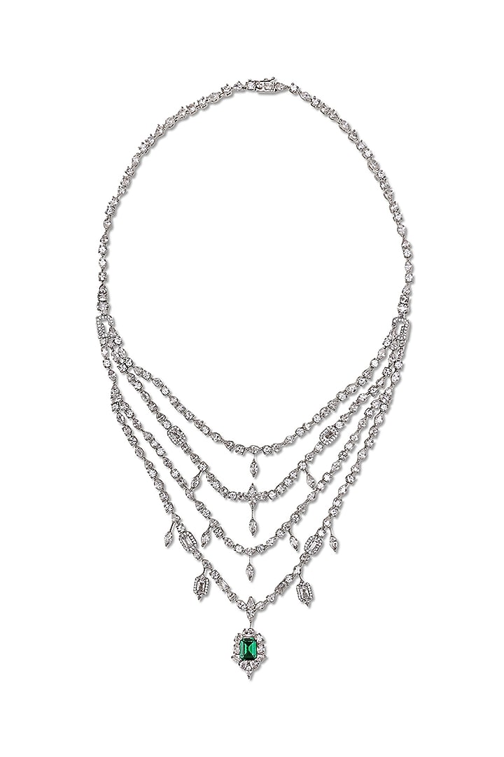 White Gold Finish Zircon & Emerald Green Stone Long Necklace by Shaze Jewellery at Pernia's Pop Up Shop