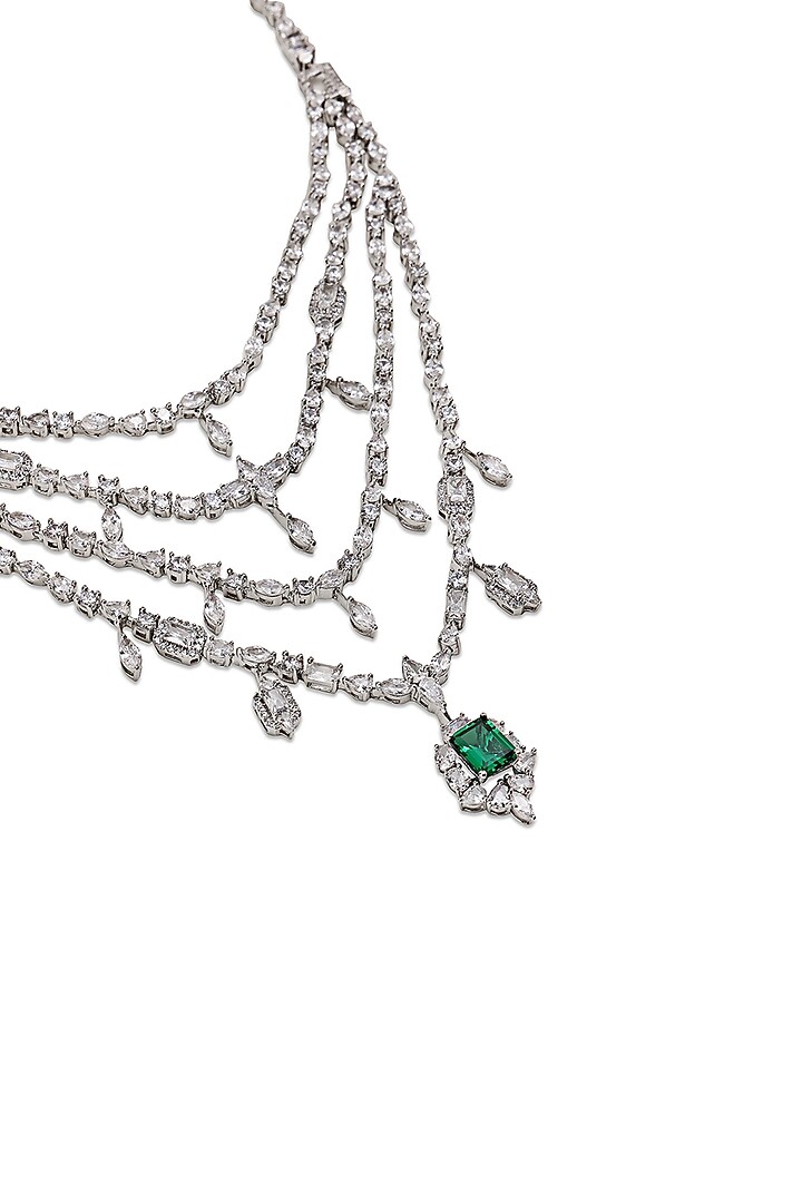 White Gold Finish Zircon & Emerald Green Stone Long Necklace by Shaze Jewellery at Pernia's Pop Up Shop