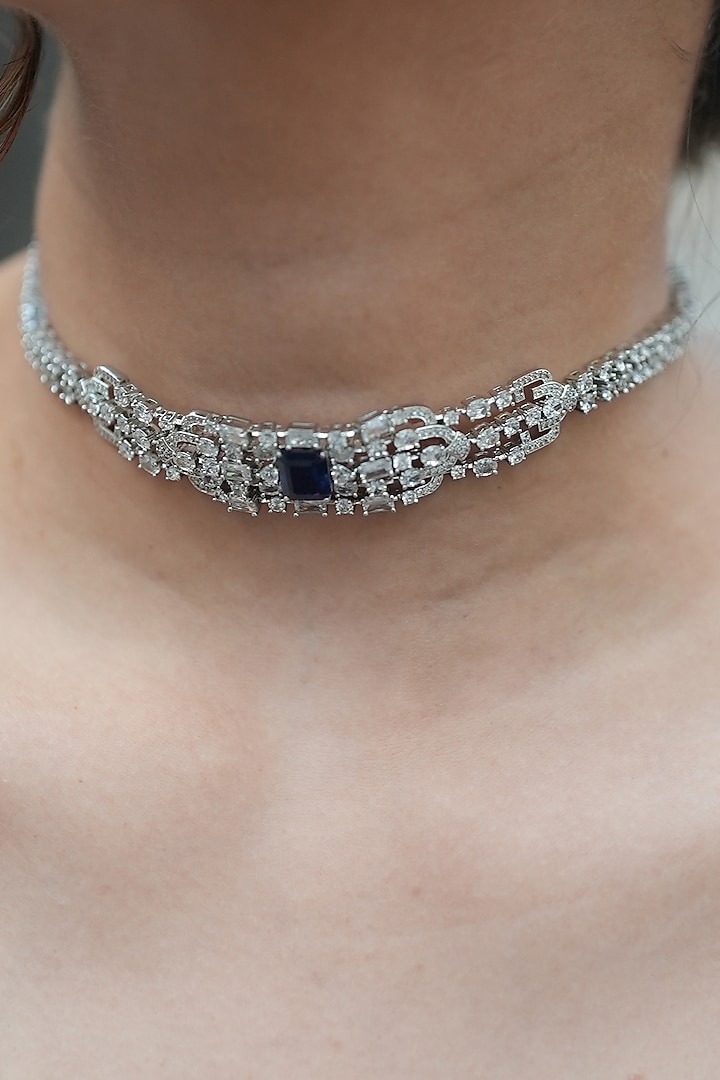 White Gold Finish Zircon & Tanzanite Stone Necklace by Shaze Jewellery at Pernia's Pop Up Shop