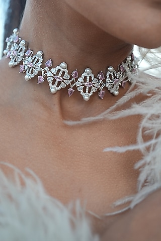 White Gold Finish Zircon & Pearl Necklace by Shaze Jewellery