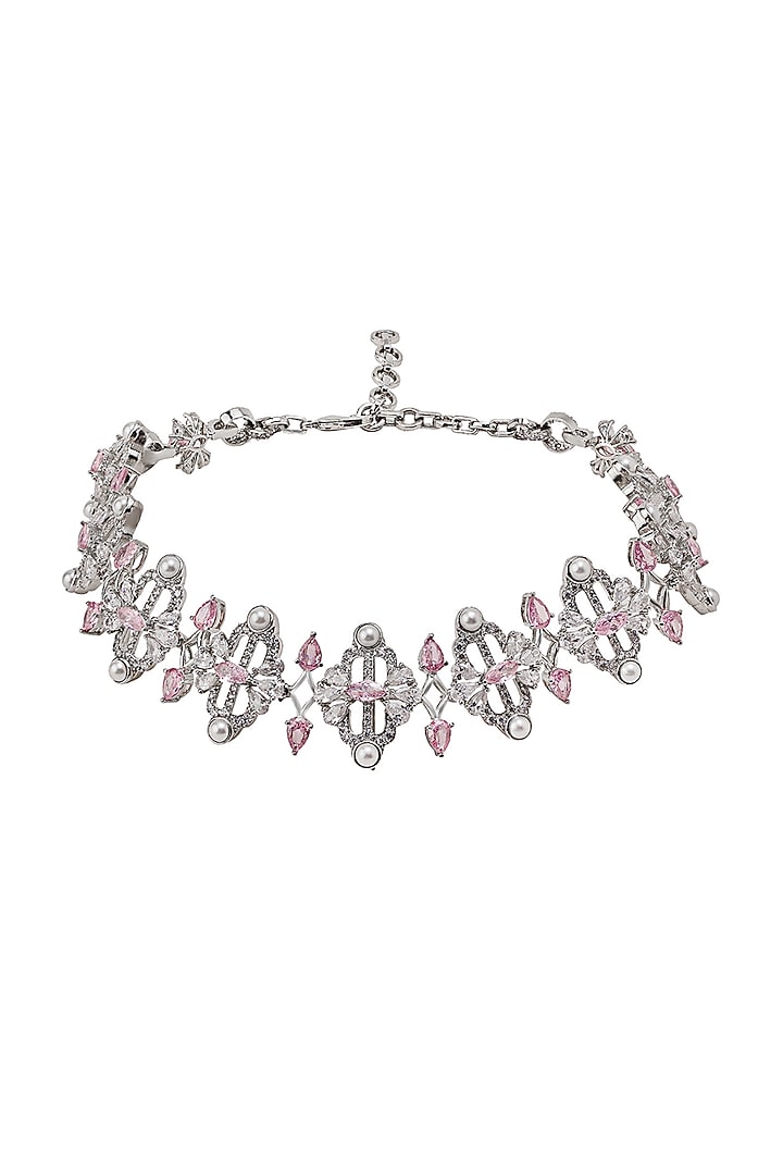White Gold Finish Zircon & Pearl Necklace by Shaze Jewellery at Pernia's Pop Up Shop