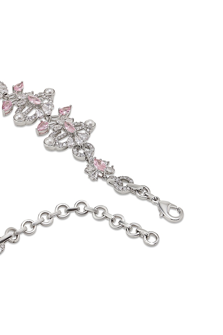 White Gold Finish Zircon & Pearl Necklace by Shaze Jewellery at Pernia's Pop Up Shop