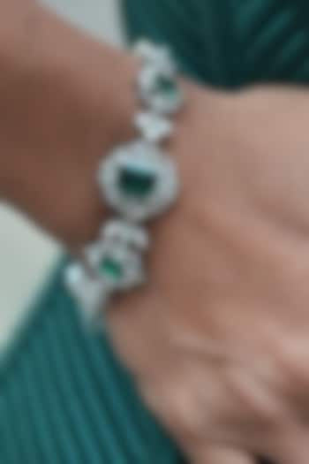 White Gold Finish Zircon & Emerald Bracelet by Shaze Jewellery at Pernia's Pop Up Shop