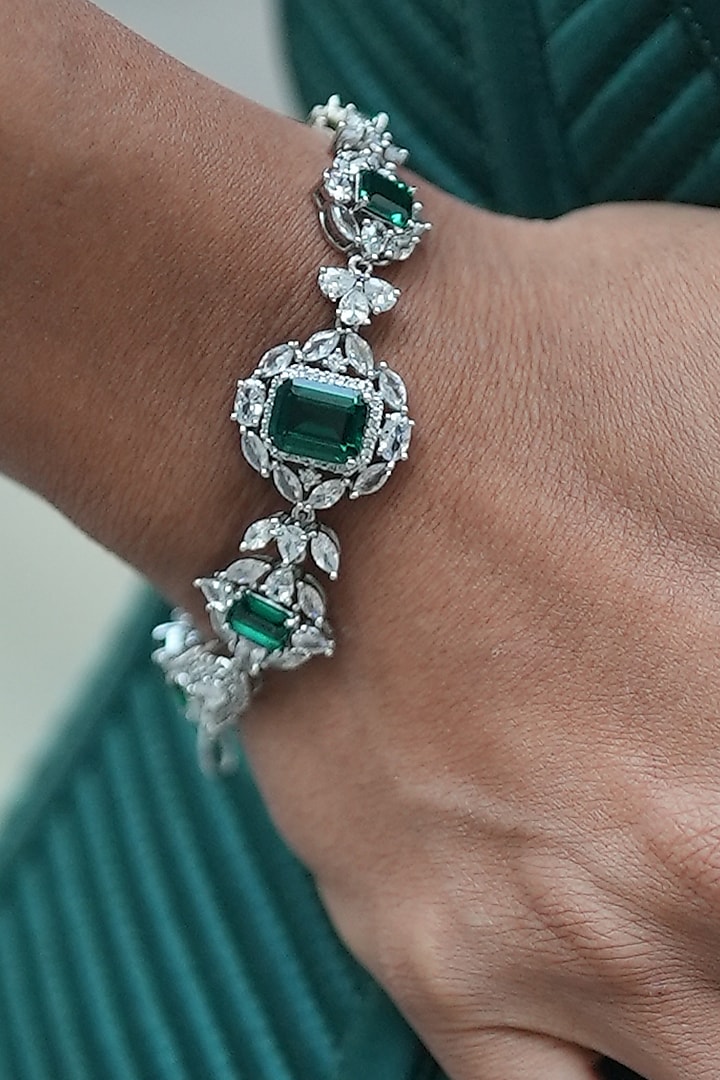 White Gold Finish Zircon & Emerald Bracelet by Shaze Jewellery at Pernia's Pop Up Shop