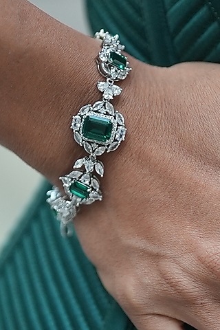 White Gold Finish Zircon & Emerald Bracelet by Shaze Jewellery
