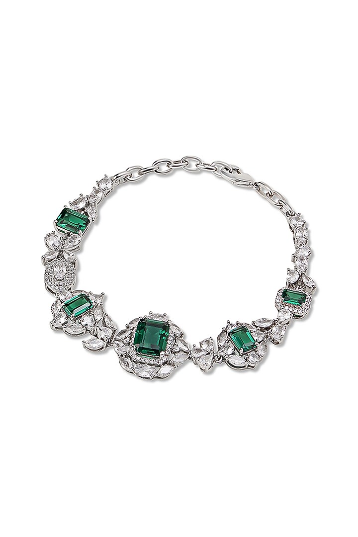 White Gold Finish Zircon & Emerald Bracelet by Shaze Jewellery at Pernia's Pop Up Shop