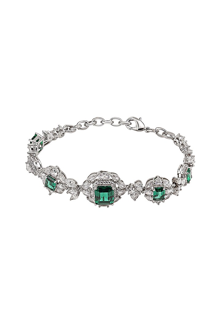White Gold Finish Zircon & Emerald Bracelet by Shaze Jewellery at Pernia's Pop Up Shop