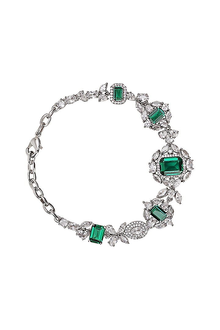 White Gold Finish Zircon & Emerald Bracelet by Shaze Jewellery at Pernia's Pop Up Shop