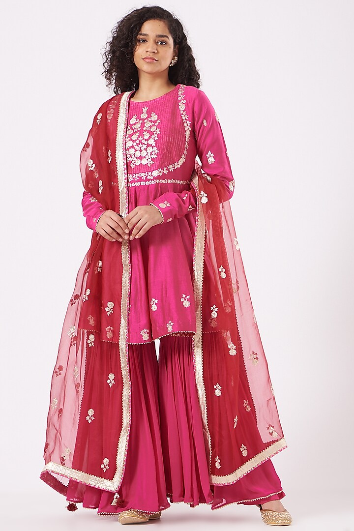 Fuchsia Chanderi Silk Banarasi Gharara Set by Sheetal Batra