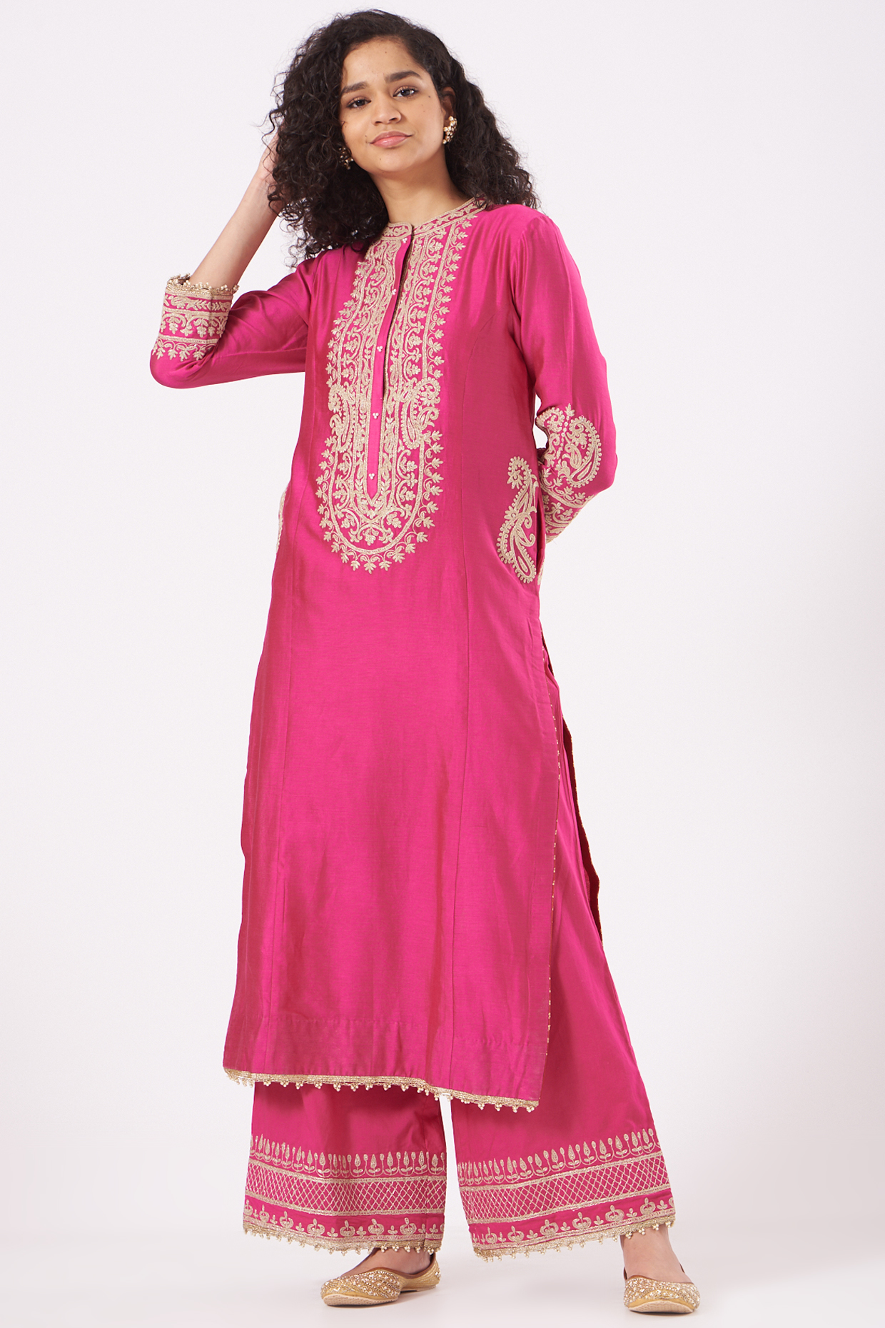 Fuchsia Chanderi Silk Banarasi Long Kurta Set by Sheetal Batra