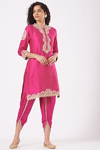 Fuchsia Chanderi Silk Banarasi Dhoti Set by Sheetal Batra