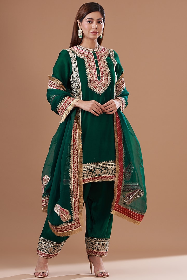 Green Pure Silk Chanderi Embroidered Kurta Set by Sheetal Batra