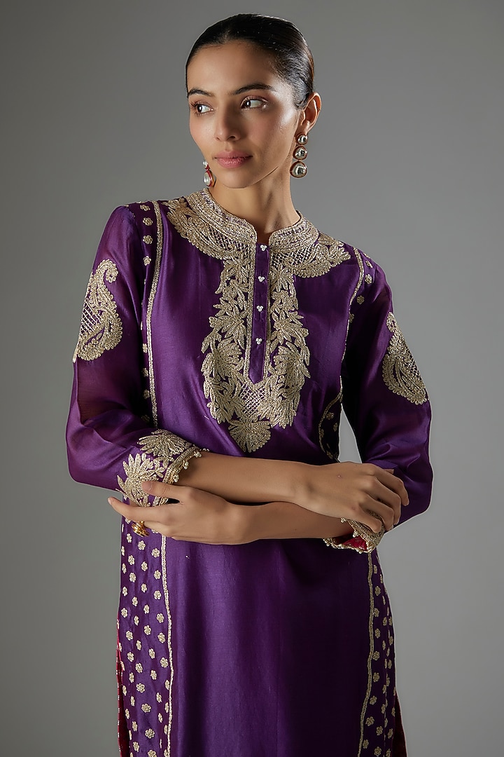 Purple Chanderi Silk Kashmiri Tilla Embroidered Kurta Set by Sheetal Batra at Pernia's Pop Up Shop