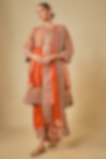 Orange Silk Chanderi Zardosi Embroidered Choga Kurta Set by Sheetal Batra at Pernia's Pop Up Shop